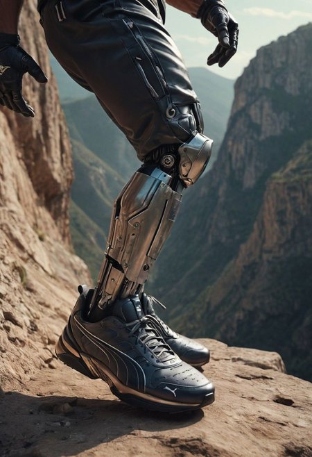 Super Closeup, a detailed running Cyborg Leg in samba retro Sneaker, in Motion, Explore the stark contrast between the ominous, sunset landscape, dystopian backdrop and the vibrant shoes in descent. Running to Edge of Cliff, Dive into the emotions, obstacles, and enigmatic ambiance conveyed by this distinctive scenario. very detailed, raw photo, photorealistic, high detailed texture, 8k uhd, dslr, soft lighting, high quality, film grain, Fujifilm XT3, highly detailed photography, atmospheric haze, Film grain, cinematic film still, shallow depth of field, highly detailed, high budget, cinemascope, moody, epic, OverallDetail, 2000s vintage RAW photo, photorealistic, candid camera, color graded cinematic, eye catchlights, atmospheric lighting, imperfections, natural, shallow dof