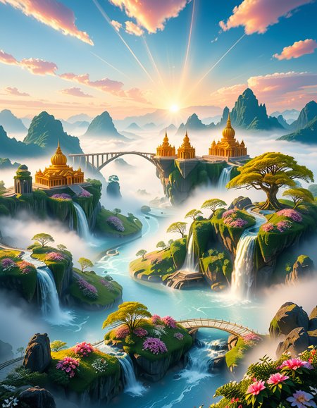 A mesmerizing celestial background featuring an otherworldly paradise. Towering crystalline mountains with peaks that glow softly under a sky painted in shifting hues of iridescent blues, pinks, and golds. Rivers of liquid light flow through vast, open meadows filled with luminescent flowers that pulse with a gentle glow. Gigantic, translucent trees with silver leaves sway in a breeze that carries floating particles of golden dust. Suspended bridges made of shimmering energy connect ancient, floating monoliths engraved with intricate celestial patterns. In the distance, an enormous radiant waterfall cascades into a bottomless, mist-covered abyss, reflecting the surrounding ethereal glow. A tranquil atmosphere, untouched and divine, filled with an overwhelming sense of wonder and serenity.
<lora:SDXLFaeTastic2400:0.4> <lora:extremely_detailed:0.4> extremely detailed, <lora:heavenly_l4ndsc4p3:1>,heavenly l4ndsc4p3, Masterpiece,best quality,hi res,8k,hi res,8k,award winning,(sharp focus, intricate, highly detailed),