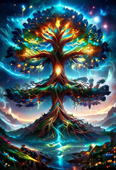 A captivating night scene illustration Yggdrasil tall on a large snowy mountain overlooking a lake. lthndrtrl, Yggdrasil, emits a warm glow, highlighting its incredible magic and grandness. The snowy  hill is covered in great pine trees, reflecting on the calm, moonlit snow  that mirrors the silvery moonlight. The full moon graces the sky, casting an ethereal glow on the clouds and mountain, while wispy clouds partially obscure its brilliance, adding to the scene's mystique. Twinkling stars dot the sky, creating a celestial tapestry that harmonizes with the moon's radiance. This enchanting artwork captures a serene and peaceful night, where the illuminated Yggdrasil stands resolute amidst the celestial beauty, creating a cinematic experience., illustration, cinematic, lthndrtrl, Yggdrasil
<lora:DonM3t3rn1tyXL-v1.1:0.7>, DonM3t3rn1tyXL,
OverallDetailXL  <lora:MJ52:0.3>  <lora:SDXLFaeTastic2400:0.4>  <lora:EpicF4nta5yXL:0.7>