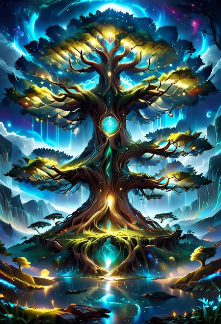 A captivating night scene illustration Yggdrasil tall on a large snowy mountain overlooking a lake. lthndrtrl, Yggdrasil, emits a warm glow, highlighting its incredible magic and grandness. The snowy  hill is covered in great pine trees, reflecting on the calm, moonlit snow  that mirrors the silvery moonlight. The full moon graces the sky, casting an ethereal glow on the clouds and mountain, while wispy clouds partially obscure its brilliance, adding to the scene's mystique. Twinkling stars dot the sky, creating a celestial tapestry that harmonizes with the moon's radiance. This enchanting artwork captures a serene and peaceful night, where the illuminated Yggdrasil stands resolute amidst the celestial beauty, creating a cinematic experience., illustration, cinematic, lthndrtrl, Yggdrasil
<lora:DonM3t3rn1tyXL-v1.1:0.7>, DonM3t3rn1tyXL,
OverallDetailXL  <lora:MJ52:0.3>  <lora:SDXLFaeTastic2400:0.4>  <lora:EpicF4nta5yXL:0.7>