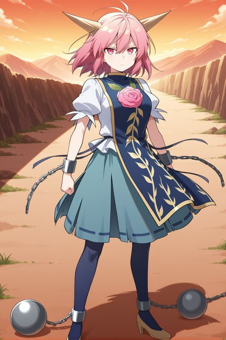 absurdres, highres, masterpiece, best quality, amazing quality, official anime artwork, screencap, anime screencap, looking at viewer, serious, dynamic pose, standing,
 <lora:Ibaraki-Doujis-Arm_Illustrious:1> ibaraki douji's arm, 1girl, solo, pink eyes, pink hair, medium hair, horns, medium breasts,, blue tabard, white shirt, puffy short sleeves, aqua skirt, ribbon-trimmed skirt, blue pantyhose, high heels, cuffs, ball and chain restraint, long fingernails, sharp fingernails, outdoors,