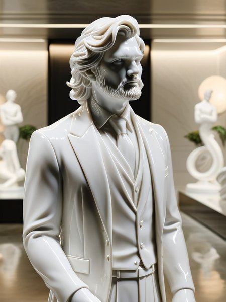a statue of a man with a flowing hair <lora:ral-porcelain-sdxl:1> ral-porcelain