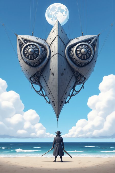 YFG-Ge0m, Art by Ronan Le Fur. A digital illustration shoot from below about a futuristic airship floating over the ocean with a large full moon in the sky, featuring a man standing in front of it. the image also shows a serene beach with a vast expanse of blue sky and ocean in the background. on the middle of the image, a man, who appears to be in his mid-twenties, is standing with his back to the viewer, wearing a long coat and hat, holding a sword in his hand. he is facing away from the camera, with a serious expression on his face. the man is standing on a sandy beach, with the ocean stretching out behind him, and the sky is filled with fluffy white clouds. the airship itself is a large, metallic structure with intricate details, suspended in mid-air by thin ropes, and has two large, circular engines visible. it has a futuristic design with a sleek, metallic finish, and is suspended from the sky by thin wires.