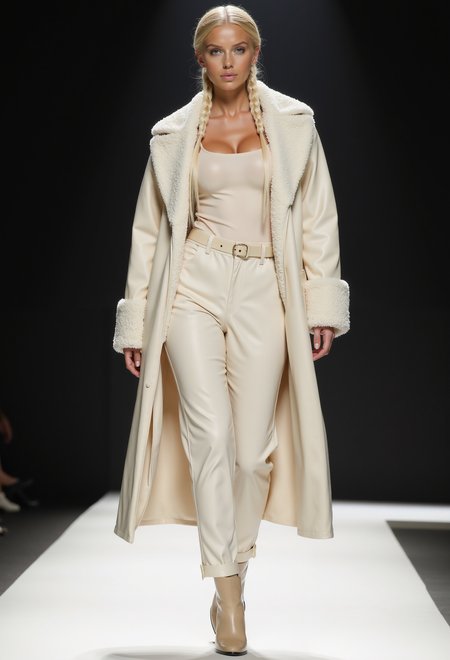 full body shot, beautiful woman, blond braided hair, clo023, wearing a closed longline cream coat, shearling collar and cuffs, belted at the waist, top, trousers, boots, walking on a catwalk, spotlight at her