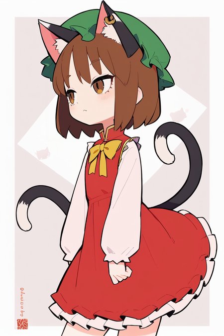 score_9, score_8_up, score_8, score_9, 1 girl,  source_anime, <lora:chen_pony-10:1>, chen, brown hair, brown eyes, cat ears, red dress, long sleeves,  green hat, mob cap, two tails, flat chest, white_sleeves, yellow ribbon, frills,  <lora:Eiken3kyuboy_Artist_Style_ponyXL-000018:0.8>