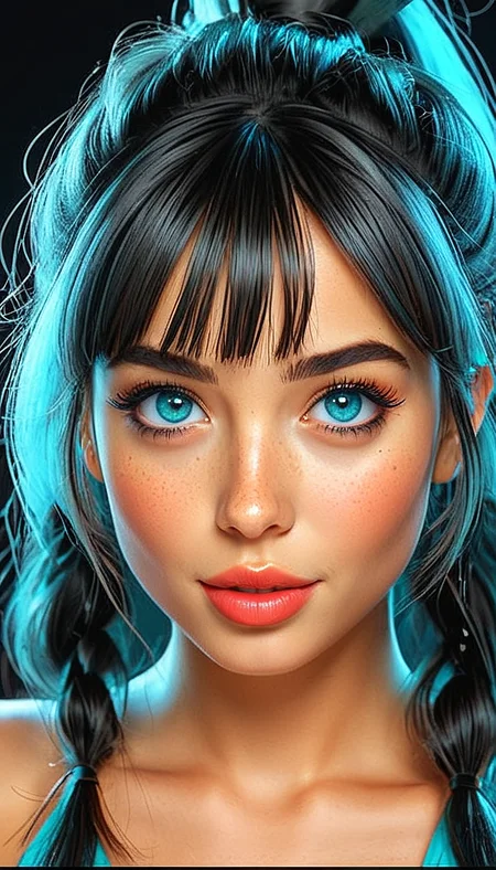 (Cel-shading:1.8), (in ARTIST style:1.7), (masterpiece:1.7), tsundere, cartoon style, comics style, 
Close-up gorgeous girl face, cute, bangs, freckles, shiny eyes, striking bright large teal eyes, aligned eyes, (very long lashes:2),
Long ponytail with hair,  looking excited,
upper body, (dim lit:1.6), split lighting, dark background, fog, colorful stripes at background,  trendy portrait,
tender Aesthetic nose, ears, puffy lips, sensual lips, pouty lips, detailed texture, detailed eyes, detailed skin, clean skin,
<lora:Someplastic_b:0.9>, (ultra sharp focus:1.8), (detailed skin:1.8), (thin lines:1.8), (best quality:1.8),
<lora:Apparatus_-_Traction_City_Walkers_Vehicles:0.7>,
<lora:glowneon_xl_v1:0.7>,