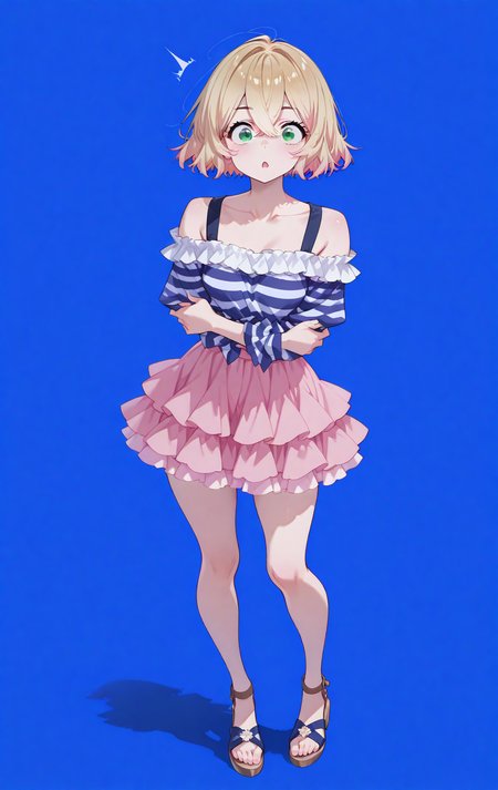 masterpiece,best quality,amazing quality,very aesthetic,absurdres,newest,
front view,full_shot,looking at viewer,Shocked disbelief,
NanamiMamiCYQL,1girl,solo,blonde hair,short hair,multicolored hair,pink hair,gradient hair,hair between eyes,green eyes,shirt,striped,striped shirt,off-shoulder shirt,bare shoulders,collarbone,frills,skirt,pink skirt,layered skirt,sandals,
full body,standing,crossed_arms,
darkblue background,simple background,
<lora:ponyv4_noob1_2_adamW-000017:0.7>,<lora:NoctFlatStyleILV0.6:0.7>,<lora:wl-illV1-000017:0.8>,<lora:USNR STYLE_XL_loha:0.45>,usnr,<lora:lora-000008.by_tusi:1>,