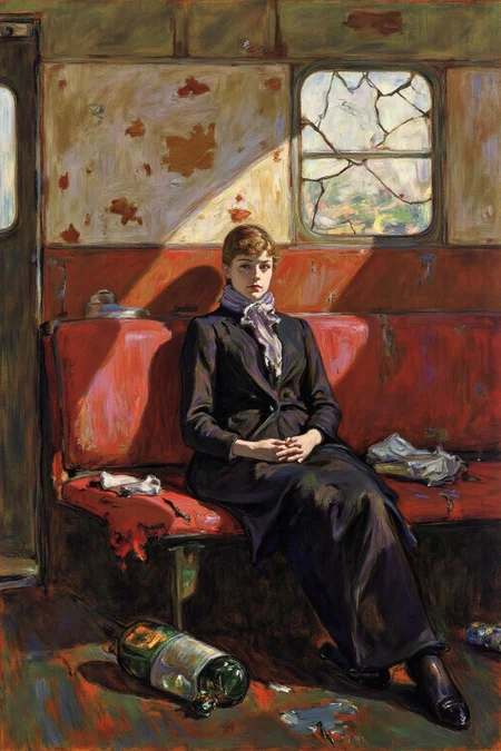 lautrec1 painting of 
a girl sitting in a dilapidated train car, art by J.C. Leyendecker. The train's red interior is faded and worn, with patches of rust staining the walls and ceiling. Garbage, broken bottles, and scraps of paper litter the floor, adding to the sense of decay. The girl sits on a torn, upholstered bench, her posture thoughtful and melancholic, with light streaming through a cracked window to illuminate her figure. Her attire blends vintage elegance with subtle modern touches, featuring a tailored coat and a scarf that catches the soft rays of light. Leyendecker's signature use of bold, confident brushstrokes and interplay of light and shadow bring depth to the scene, emphasizing the textures of the rust, the glossy shards of glass, and the folds of the girl's clothing. The mood is one of poignant beauty, juxtaposing the ruinous surroundings with the girl's quiet grace. <lora:lautrec4_nocap_d6a3:1.0><lora:813492301071481053:0>