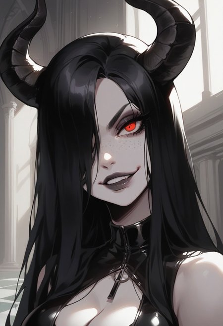score_9, score_8_up, score_7_up, score_6_up, aesthetic ,  goth, demon, horns, black hair,long hair, red eyes, indoors, ballroom, marble floor, latex dress. castle, columns, teasing expression, playful, smug face,  nipple peek, big eyes, solo,  dutch angle,  g0thicPXL,  (big lips:0.6), (close up:1.2), portrait, large breasts, cleavage, gesugao, hair over one eye, freckles