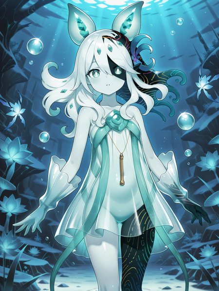 monster girl, icejade acti, 1girl, solo, green bubble, looking at viewer, parted lips, monochrome, underwater, see-through body, see-through gloves, see-through dress, hair flower, bubble pipe necklace, cyan fairy, bright pupils, heterochromia
masterpiece,best quality,amazing quality,very aesthetic,absurdres,newest,<lora:Icejade Acti illuXL v1.2:0.83>,