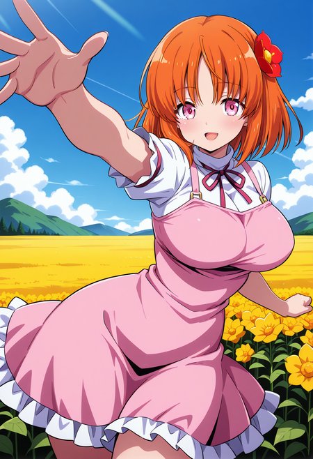 suzumori_mia, pink eyes, orange hair, short hair, hair flower, neck ribbon, pink dress, <lora:Abaddon_suzumori_mia_illustrious_ver1:0.8> 
smile, open mouth,, masterpiece, best quality, general,, 1girl, solo, (field:1.2), (blue sky:1.2), looking at viewer,, (cowboy shot, dynamic pose:1.4),