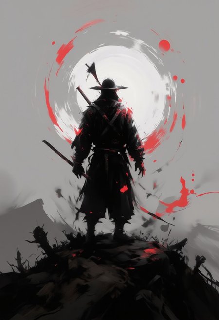 aidmaimageupgrader, samurai, hill, back view, katana, sword, shadow, silhouette, black and white, monochrome, red accents, dramatic lighting, atmospheric, foggy background, japanese culture, minimalist, moody, contrast, sunset glow, isolated figure, reflective pose,pscho_4rt