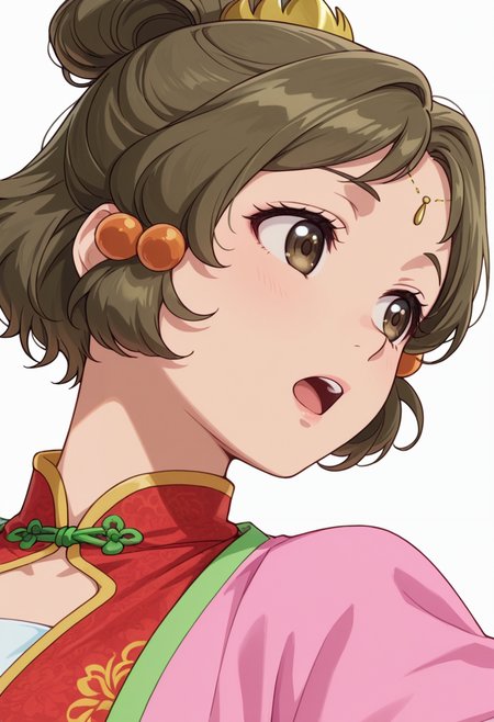 Smooth Quality,masterpiece,very intricate, high quality details, ultra realistic, high detailed skin,detailed enviorement,absurdres,
simple background, white background,solo,
sideways,open mouth,dancing, 
 <lora:Guiyuan_CNR:0.8> guiyan_cnr, 1girl,brown hair, short hair, brown eyes,hair ornament, hair bun, single hair bun,
gui_pink_cnr,chinese clothes,