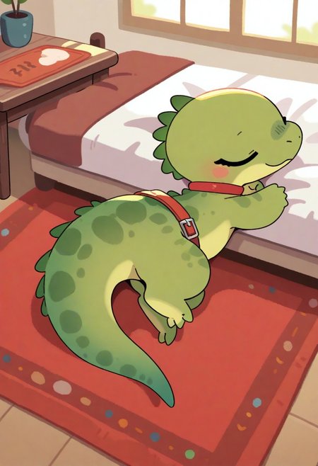 (masterpiece, best quality, high quality, highres), very awa, highres, absurdres,
(naguru \(cyoroama\), (chii-kun \(seedyoulater\):0.7), 
pikaole, cute, animal focus,
(lizard:1.1), embarassed, (cute:1.2), (solo:1.2), (axolotl:0.5), green skin, 
 red choker with buckle, 
cozy room, (bed:1.2), (table:1.2), tribal decorations, window, 
(sleeping on the floor:1.2), lying on the rug, lying on the floor,