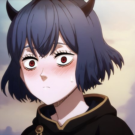 highres, sharp focus, pixiv masterpiece, highly detailed, 1girl, small_breasts,  blackbull-cape, nero-dress, Secre_Swallowtail_XL, source_anime, score_8_up, score_7_up, score_9,   <lora:Secre_Swallowtail_PonyXL_v19-000001:1> , eyelashes, headshot, close-up, surprised, looking at viewer, blushing