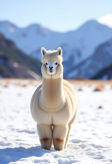 A photograph of a single very fluffy alpaca standing in a snowy landscape. mountains in the background, sunny day
