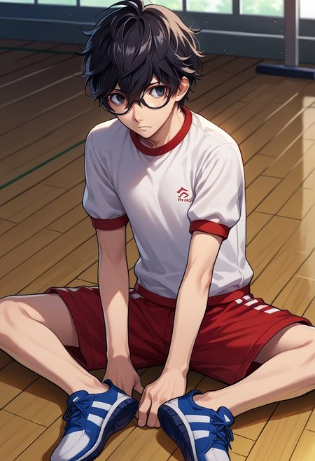 score_9, score_7_up, source_anime 
1boy, 1boy, male focus, solo, black eyes, black hair, hair between eyes, glasses, short hair, gym uniform, shirt, white shirt, short sleeves, shorts, red shorts, shoes, sneackers,
indoor, sit, on floor, gym,