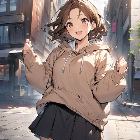 (best quality:0.8) perfect anime illustration, a pretty, happy woman with short curly brown hair on the street in the city, wearing a hoodie, skirt