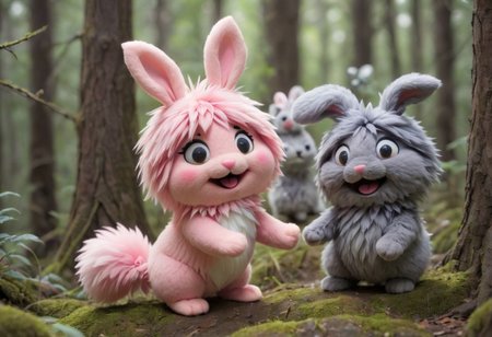source_anime, Cute wonderful creatures, Microphotography, chibi, cute  fluffy rabbits ,pink and grey, playing joyfully in a dreamy forest, ispzxll, In a felt puppet world style,