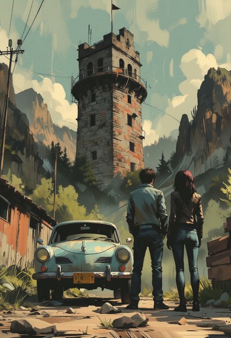 OBxiaoxiang, Special Ink-drawing mode, Mh1$AgThS2, intricate linework with expressive contrasts, inksketch of a A shattered castle tower rose against the sky at the end of a ravine Is made of old stone bricks dirty and worn out. A pale blue Volkswagen Karmann Ghia is parked on the side of the dirty road. A man in blue suit and a black woman black leather jacket and jeans are looking at the tower. The overall style is reminiscent of comic book art. The overall style is a blend of realism and noir movie. The interplay of light and shadow enhances the mood, capturing a moment of tense introspection, drama, and mystery in an country setting.