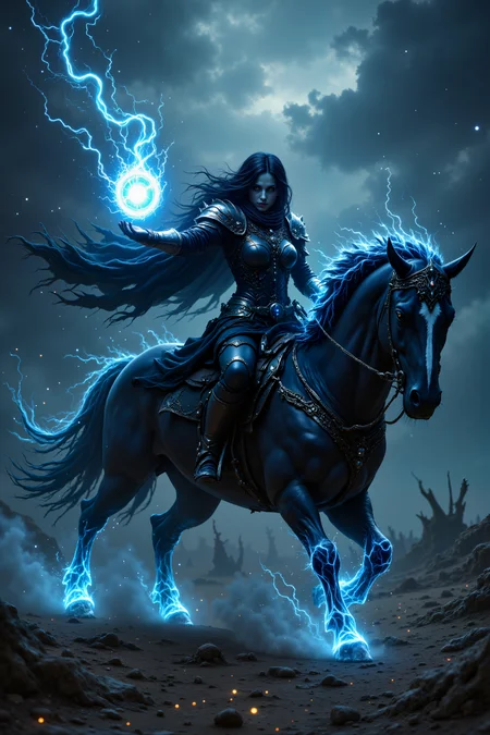 A night rider whose armor blends leather, metal, and living shadow. Her mount appears constructed from midnight mist and starless energy. Weapons materialize from darkness around her body. Silver threads trace magical connections across her equipment. Desolate landscape of eternal twilight surrounds her. , detailed background  Fantastic lighting. Detailed shadows.intricate details, vivid colors, hyper-detailed, ultra-sharp, , <lora:FluxMythR3alisticF><lora:PCB_Image_Enhancer_for_FLUX:0.35>