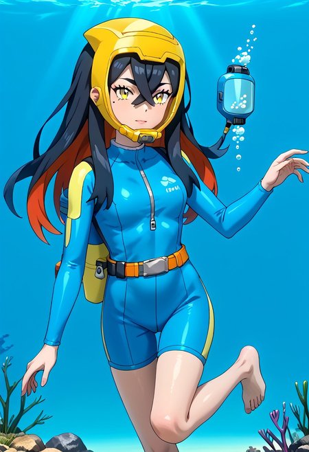 wide angle:0.34, PokemonStyle, pokemon \(anime\), full body,solo female, score_9, score_8, score_7, score_6_up, source_anime, anime coloring, anime screencap, official art,
BREAK full body, 1girl, black hair, colored inner hair, crossed bangs, hair between eyes, hairband, long hair, mole, mole under eye, multicolored hair, red hair, sidelocks, two-tone hair, yellow eyes, floating hair, (blue wetsuit), long sleeves, bare legs, beautiful legs, barefoot,
BREAK
(pokemoncarmine wearing (snug fitting, face-sized(yellow divemask contoured to face))), (mask overlapping chin, mask overlapping cheeks, mask overlapping jawline), (bangs overlapping mask), shiny glass visor:0.5, 
BREAK underwater, seafloor, rocks, blue background:0.25, blue overlay:0.55, seaweed, neck 
BREAK blue background:0.25, bubbles, BREAK mask snugly on face, regulator, breathing tube, orange oxygen tank strapped to back, harness tightly on chest, belt, swimmingai, floating, bubbles, looking at viewer, diving, looking to side, aloof, closed mouth