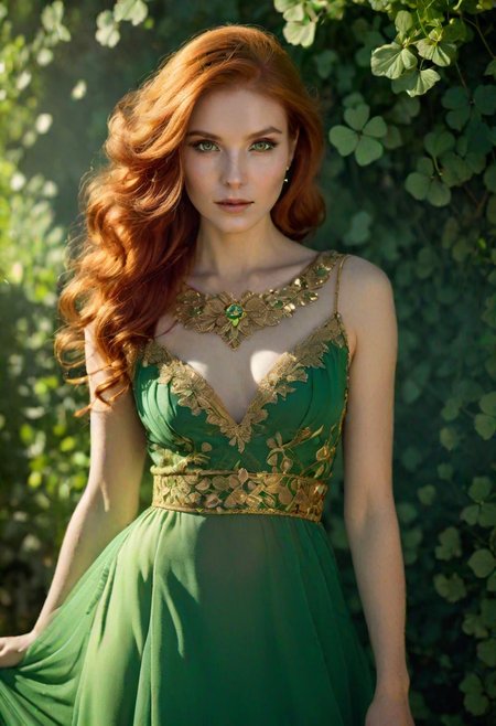 beautiful, Scottish, woman, redhead, (FastNegativeEmbedding:0.9), with green dress with gold clover leaves, torso up potrait, looking at viewer, seductive, mesmerizing eyes, photo in phst artstyle, Intricate, Complex contrast, highly detailed, extremely complimentary colors, beautiful, glowing aesthetic, pretty, dramatic light, sharp focus, perfect composition, clear artistic color, calm professional background, precise, joyful, perfect wide long shot visual masterpiece, <lora:MJ52:0.6>
