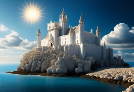 a (white stonework castle) on a (rock spire) in a bay, (stone pier, Mole, Jetty), battlement, crenellations, Machicolations, rough sea, blue sky, clouds, sun beams, best quality, high Contrast,  masterpiece, realistic, photo-realistic, amazing, finely detail, ultra-detailed, highres, extremely detailed, 8k wallpaper, wizz style