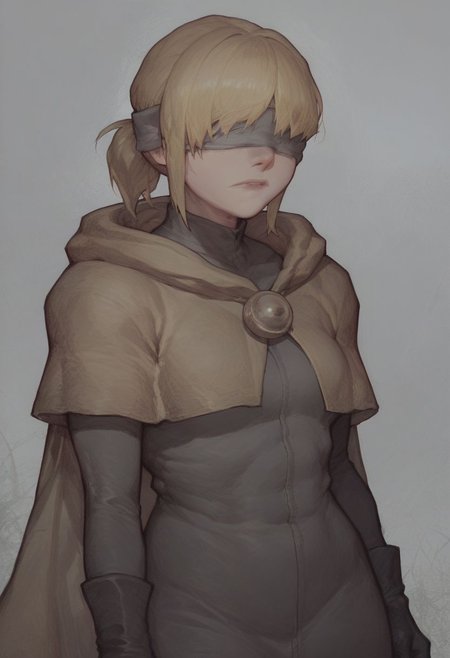 score_9, score_8_up, score_7_up, 1girl, blonde hair, short ponytail, bangs, grey blindfold, covered eyes, yellow cloak, black gloves, hide capelet,