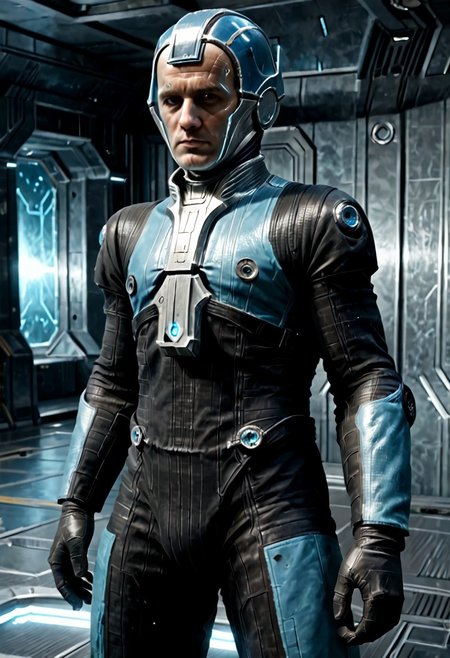 Corpus crewman in a spaceship corridor, science fiction,  dramatic shot, male focus, 1boy, male corpus crewman wearing corpus crewman helmet,  robot, rectangular helmet, blue light bar on helmet, brown and black corpus crewman suit, (helmet with hard edges, helmet with a flat front face, helmet with hard corners, helmet with blue light strip), black shoulder pad, tubes from metal chest plate, black gloves with silver palms, blue circle near hips,  metal bands below fore arm, fit, athletic build, square patch on thigh, holding electric baton,
realistic texture, realism, best quality, 
(((Corpus, corpus crewman, Tan and black corpus suit, corpus tileset,    Corpus helmet, wearing helmet, wearing corpus helmet,))) moa in the background, two legged robot in the background,