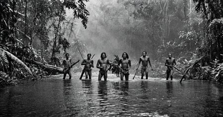 black and white photograph of few indigenous people hunting in the amazonian rain forest, insane details, dramatic lights, high definition, 35mm camera, film photography style, heavy grain, ral-chrosc-bw, masterpiece, national geographic style, strong vignette, high contrast