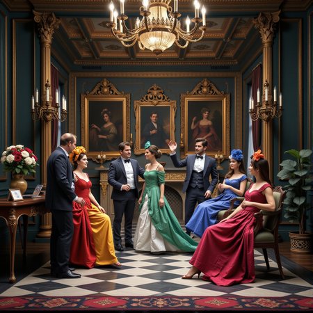 A miniature diorama of masquarade, 19th century,detailed digital illustration of a masquerade ball taking place in a palace, colorful dresses, masks, well-dressed women, glamorous, lascivious, somewhat decadent atmosphere,<lora:Flux.1_Turbo_Detailer:0.7>, <lora:Diorama_Flux:0.8>