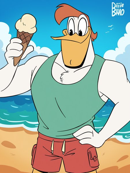 score_9, score_8_up, score_7_up, score_6_up, best quality, highres, source_furry BREAK ppp BREAK (outdoors, beach, detailed background:1.2)
1boy, male, solo, duck, beak,launchpad mcquack, white skin, clothed, black eyes, smile, happy, holding ice cream, looking down, hand on hip, short hair, red hair, anthro, smile, furry, tank top, sleeveless, swimming trunks   <lora:Launchpad_McQuack_2:1>