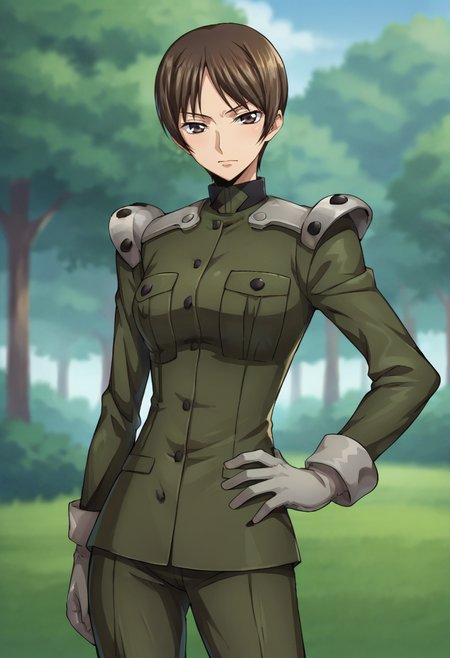 score_9,score_8_up,score_7_up BREAK source_anime,anime,<lora:Nagisa_Chiba_Code_Geass:0.8>,nchiba,1girl,solo,short hair,brown hair,brown eyes,military uniform,gloves,standing,hand on hips,looking at viewer,outdoors,