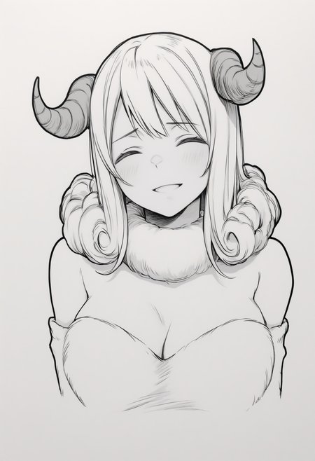 masterpiece, best quality, 1girl, solo, Ar1es, medium hair, hair curls, horns, white fur collar, fur dress, white dress, off-shoulder dress, bare shoulders, detached sleeves, fur sleeves, simple background, cropped torso, parted lips, greyscale, monochrome, lineart, sketch, graphite \(medium\), traditional media, head tilt, closed eyes, smile, :d, blush, three quarter view, portrait, <lora:ChamAriesNoob:1>