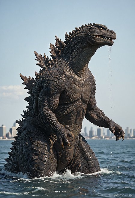 score_9, score_8_up, score_7_up, solo, portrait, from side, 1man, giant dinosaur reptilian monster Godzilla, spines, feral, realistic scales, detailed scale texture, solo, outdoors, out of the ocean, partially submerged, wading through the water, miniature city, building miniatures in the background, solo, full body, solo, extremely detailed, Macro detailed realism style photograph, 3DMM