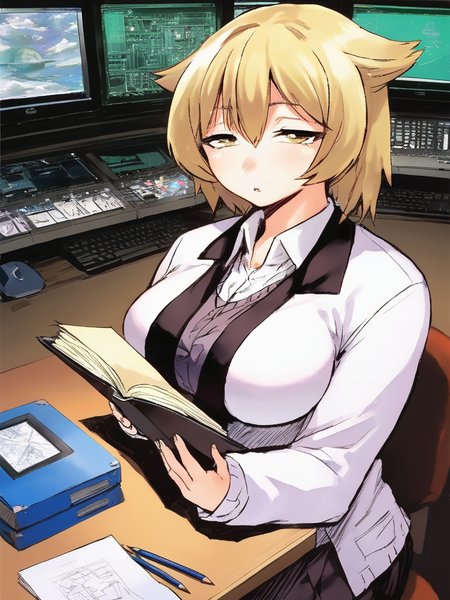 anime drawing of fuchibeppu chiyuri girl, masterpiece, best quality, girl in a lab coat studying protons in the hadron collider, blonde hair,  <lora:fuchibeppu_safetensors:1>