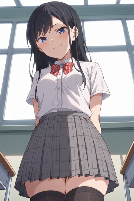 score_9, score_8_up, score_7_up, source_anime, 1girl, prefect lighting, very aesthetic, intricate details, highly detailed background, masterpiece, high quality, prefect hands, best quality, solo,
<lora:Rin_Nanakura_Pseudo_Harem_V1:.85>, KJOrin, black hair, blue eyes, long hair, swept bangs, 
school uniform, black thighhighs, zettai ryouiki, skindentation, 
from below, arms behind back, smug, looking at viewer, head tilt, blush,
classroom, desks, sliding doors,
(Beautiful, small Breasts:1.2), natural breasts,