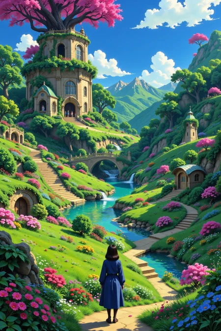 Wonderland, fantastical place beautiful  landscape, day, woman, very intricate, very detailed, sharp, bright, colorful, <lora:Hand v2:0.5> <lora:Anti-Blur:1><lora:Insane Detail Slider:0.25>  <lora:flux.1_lora_flyway_Epic-detail_v2:0.3> <lora:fluxenhancer:0.25> <lora:Anime_style:0.6> anime style