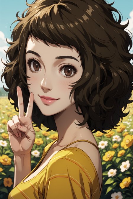 score_9, score_8_up, score_7_up, score_6_up
<lora:P5Sadayo:0.8>
P5Sadayo, 1girl, brown hair, brown eyes, wavy hair, looking at viewer, looking at viewer, from side, wink, happy, smile, closed mouth, peace sign, flowers, meadow