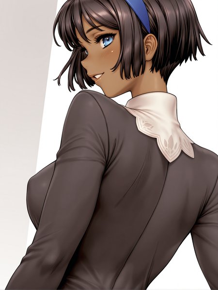 masterpiece,best quality,newest,1girl,solo,
<lora:Grace_Blackberry_ilxl_v1.4:1>,Grace,blue eyes,black hair,hairband,dark-skinned female,g_clothes,impossible clothes,long_sleeves,dress,
<lora:Fixhands_anime_bdsqlsz_V1:1>,dynamic_angle,cinematic_angle,looking_at_viewer,white_background,simple_background,face_focus,upper_body,light_blush,from behind,looking_back,profile,smile,
