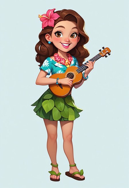 score_9, score_8_up, score_7_up, mercasg, BREAK 1girl, woman, young, solo, cute, smile, teeth, flat breasts, (long brown hair), Hawaiian, brown eyes, pink lips, blush, (Hawaiian flower necklace), ((skirt made of green vine leaves)), navel, short green top BREAK holding a small ukulele with both hands, right leg in front of the left, arms bent at the elbows, standing, full body, full body shot, semi-sideways, half-sideways, looking at viewer, BREAK white background