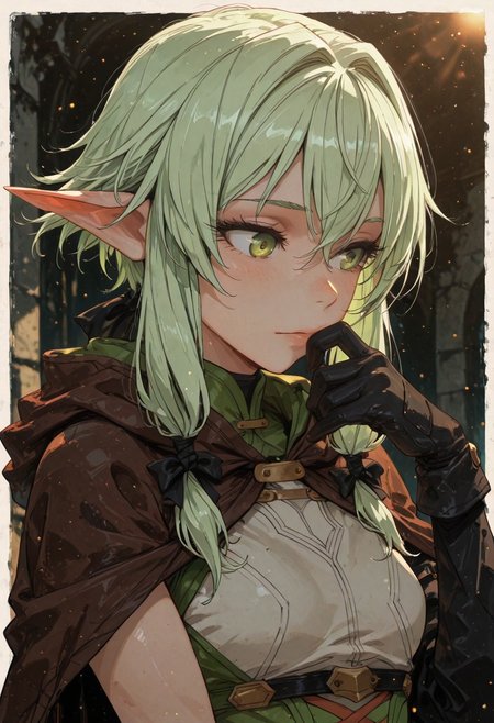 score_9, score_8_up, score_7_up,source_anime, high res image, masterpiece, best quality, masterpiece, newest, absurdres, best quality, hires, <lora:GEN(illust) 0.2v:1>high contrast, <lora:Elf_IL:0.8> , High_Elf_Archer_(Goblin_Slayer!)
BREAK 1girl, solo, green_eyes, green_hair, short_hair_with_long_locks, small_breasts, pointy_ears, hair_bow
brown_cloak, hood_down, sleeveless_shirt, single_sleeve, black_gloves,
closeup, closeup to face, portrait, outside border
simple background
light particles. cinematic angle, detailed background, beautiful background, (rays light:1.0),(grow:1.0)