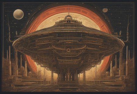 score_9, score_8_up, score_7_up, score_6_up, qu4ntum style, source_cartoon, vintage scifi art, (book cover), an spaceship made of brass pipes and (silver wires) and gold circuits, in orbit above an (alien planet), floating space,  bright colors, gold, red and greens