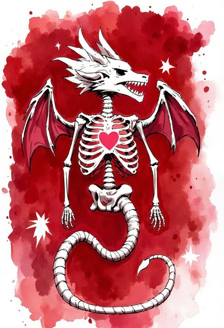 Watercolor painting of a negative colored paintsplash of a dragon skeleton with demonwings, a heart is visible through its ribcage. white on bordeaux red background.