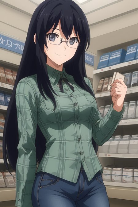 1girl, solo, ayamenb, black hair, long hair, black eyes, green shirt, long sleeves, buttons, plaid shirt, jeans pants, glasses, eyewear, , indoors, book store, standing, cowboy shot, smile