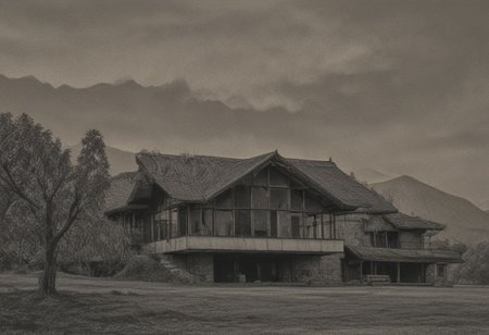 Image a villa  in a mountain landscape international style sunny big windows wooden typycal roof