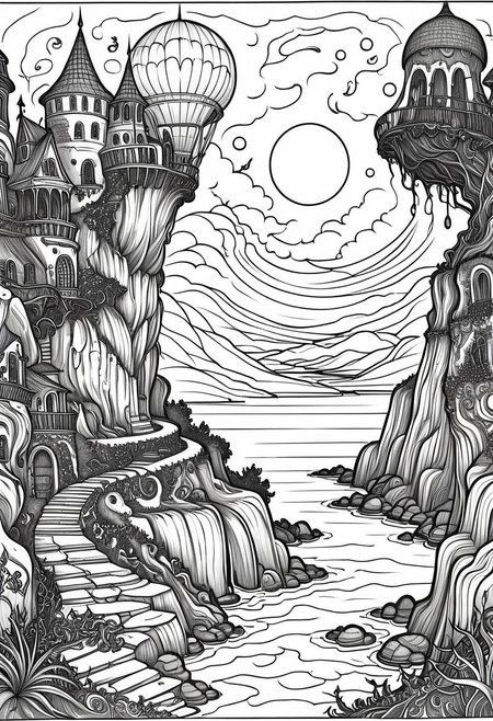 coloring page, style by Edward Lear, fantasy art,  dream world,  eerie atmosphere
