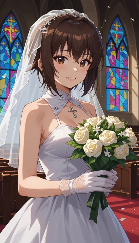 score_9, score_8_up, score_7_up, score_6_up, ,
, <lora:GUPMaho:1>
AAMiho, 1girl, brown hair, short hair, brown eyes, nishizumi maho,indoors, church, stained glass, whie veil, laced gloves, upper body, close portrait church, holding bouquet, (confetti:1.1), smile, white dress, wedding dress, church, holding bouquet, (confetti:1.1)