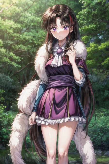 masterpiece,  best quality 1girl Setsun4 solo long hair,  (night time) forest background black hair very long hair purple eyes multicolored hair armor (fur trim) (medium body),<lora:EMS-179-EMS:0.800000>,<lora:EMS-293862-EMS:0.800000> bow, hair_bow, hair_tubes, red_bow, brown_hair, long_hair, bangs, ascot, frilled_bow, yellow_ascot, blush, smile, hair_between_eyes, athletic, armor, miko